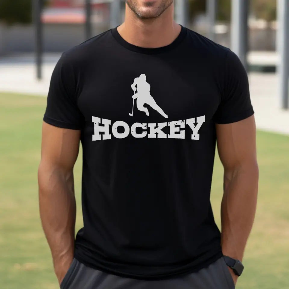 basic hockey with hockey player icon on a mens t-shirt with a white graphic