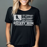 hockey mom horizontal flag on a unisex t-shirt with a white graphic