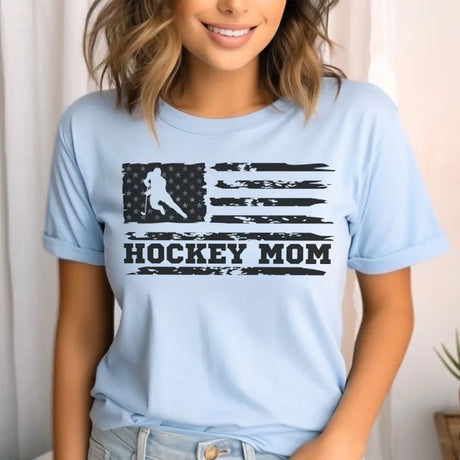 hockey mom horizontal flag on a unisex t-shirt with a black graphic