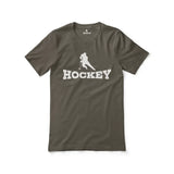 basic hockey with hockey player icon on a unisex t-shirt with a white graphic