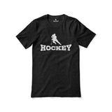 basic hockey with hockey player icon on a unisex t-shirt with a white graphic