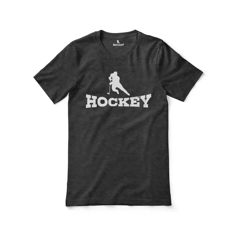 basic hockey with hockey player icon on a unisex t-shirt with a white graphic