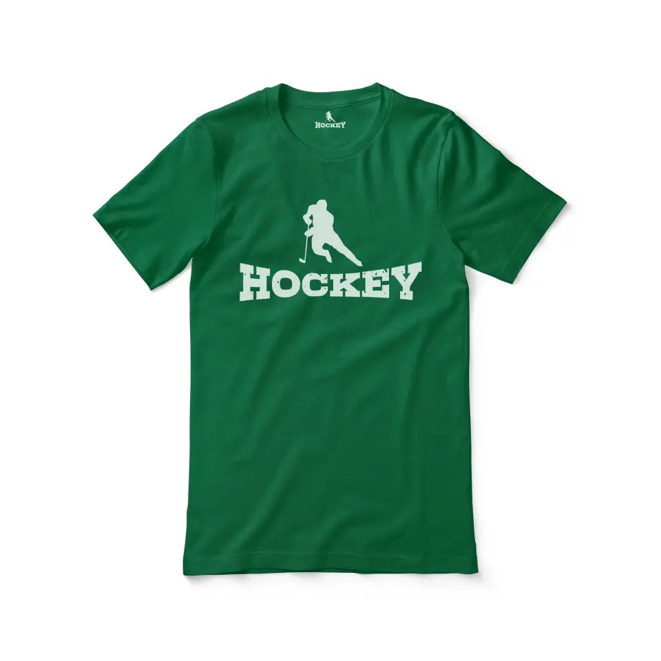 basic hockey with hockey player icon on a unisex t-shirt with a white graphic