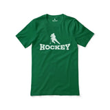 basic hockey with hockey player icon on a unisex t-shirt with a white graphic