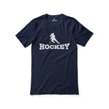 basic hockey with hockey player icon on a unisex t-shirt with a white graphic