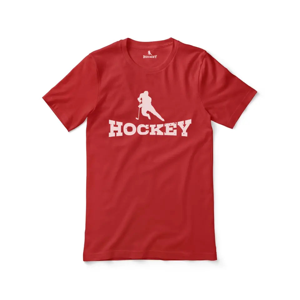basic hockey with hockey player icon on a unisex t-shirt with a white graphic