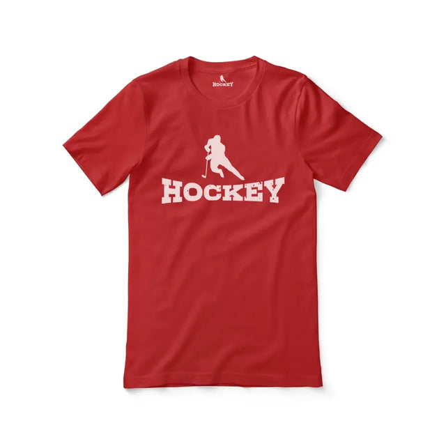 basic hockey with hockey player icon on a unisex t-shirt with a white graphic