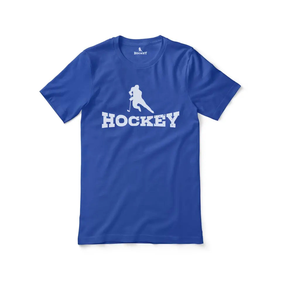 basic hockey with hockey player icon on a unisex t-shirt with a white graphic