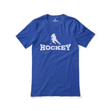 basic hockey with hockey player icon on a unisex t-shirt with a white graphic