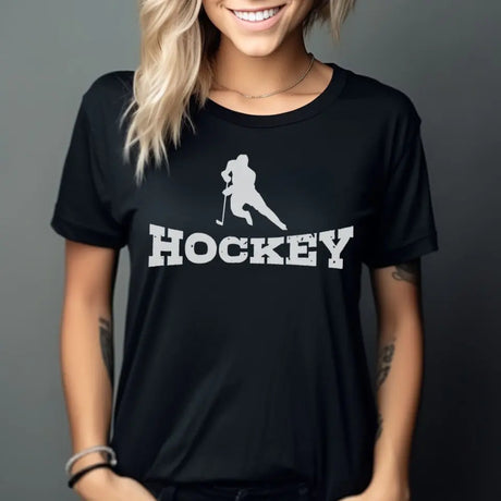 basic hockey with hockey player icon on a unisex t-shirt with a white graphic