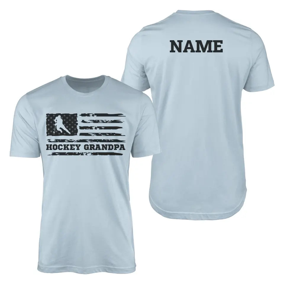 hockey grandpa horizontal flag with hockey player name on a mens t-shirt with a black graphic