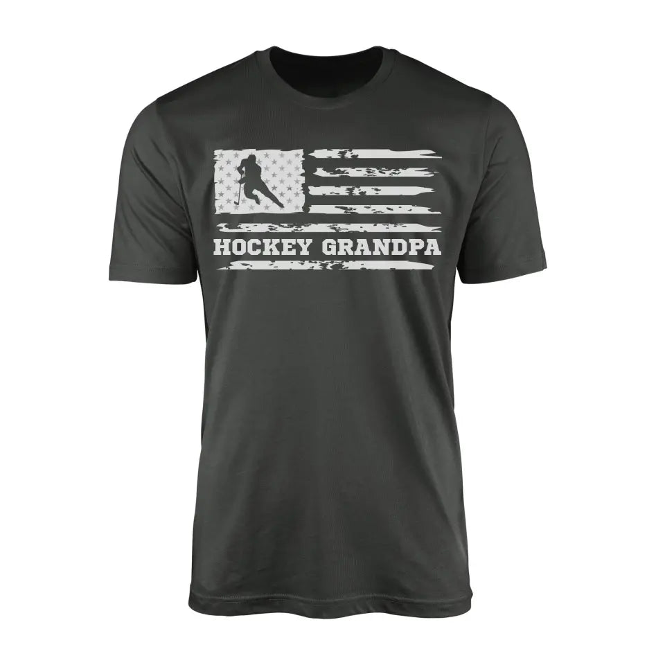 hockey grandpa horizontal flag on a mens t-shirt with a white graphic