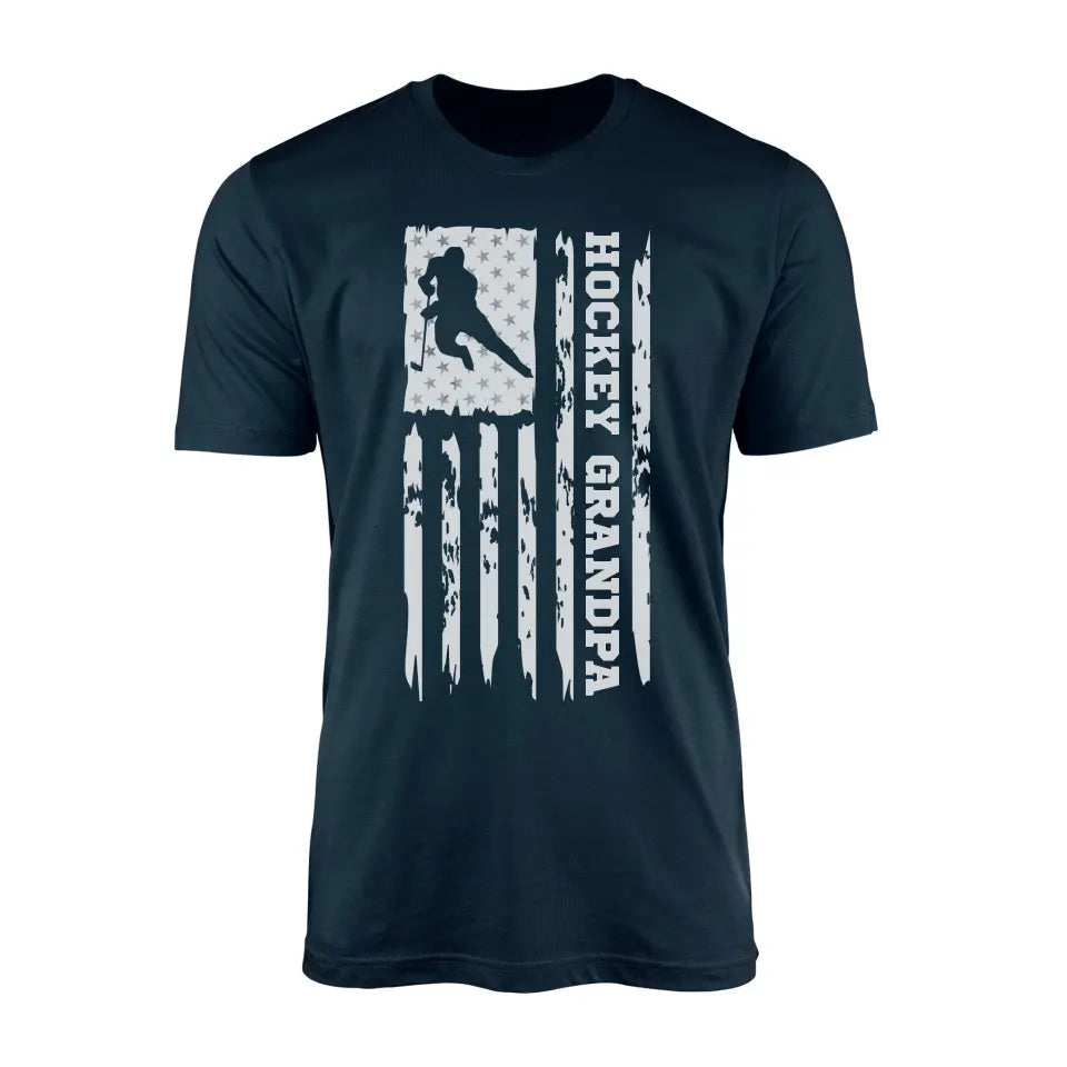 hockey grandpa vertical flag on a mens t-shirt with a white graphic