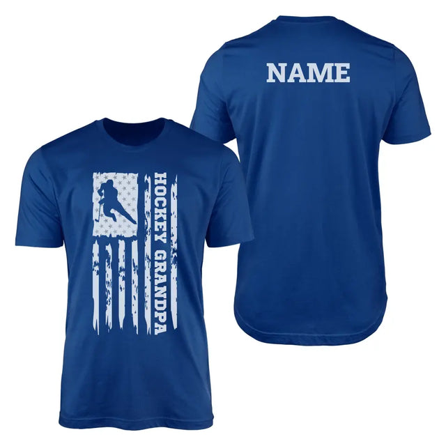 hockey grandpa vertical flag with hockey player name on a mens t-shirt with a white graphic
