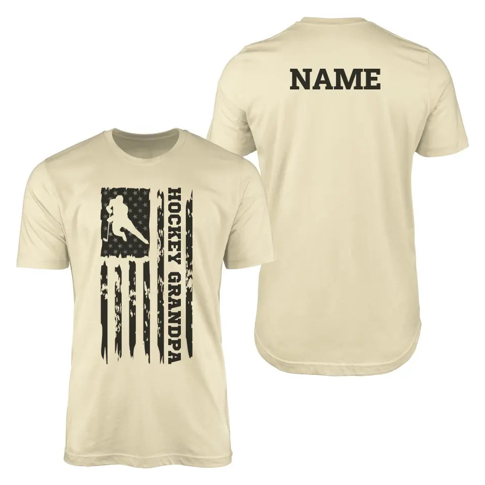 hockey grandpa vertical flag with hockey player name on a mens t-shirt with a black graphic