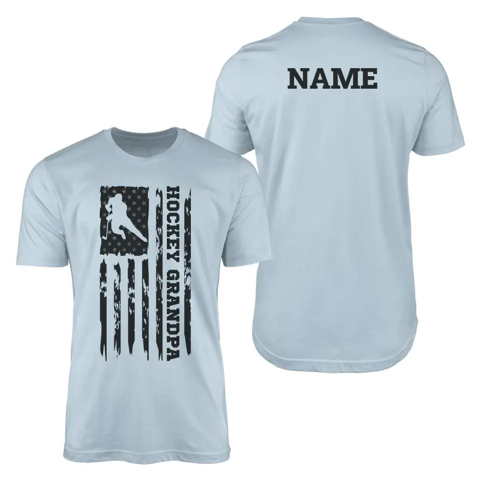 hockey grandpa vertical flag with hockey player name on a mens t-shirt with a black graphic