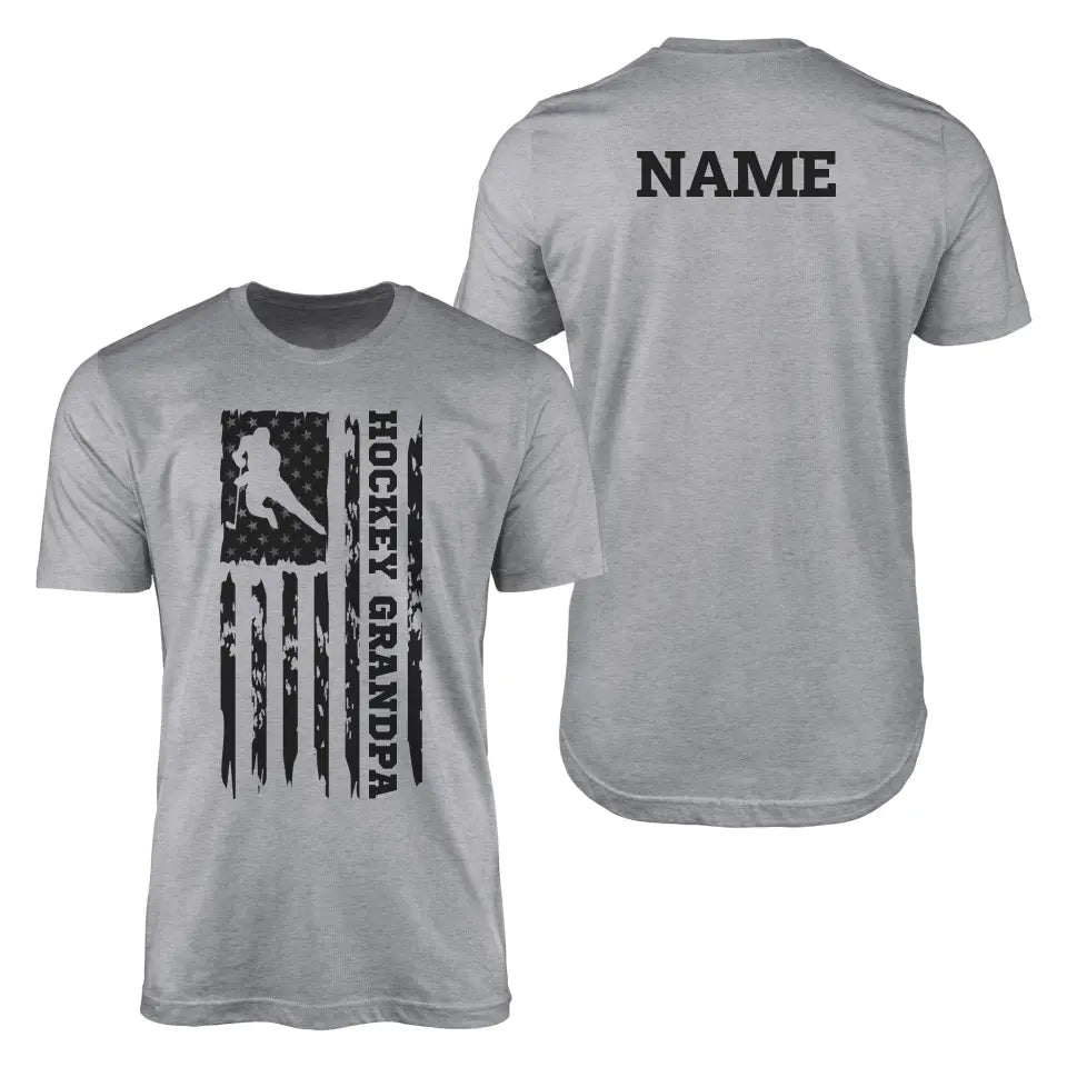 hockey grandpa vertical flag with hockey player name on a mens t-shirt with a black graphic