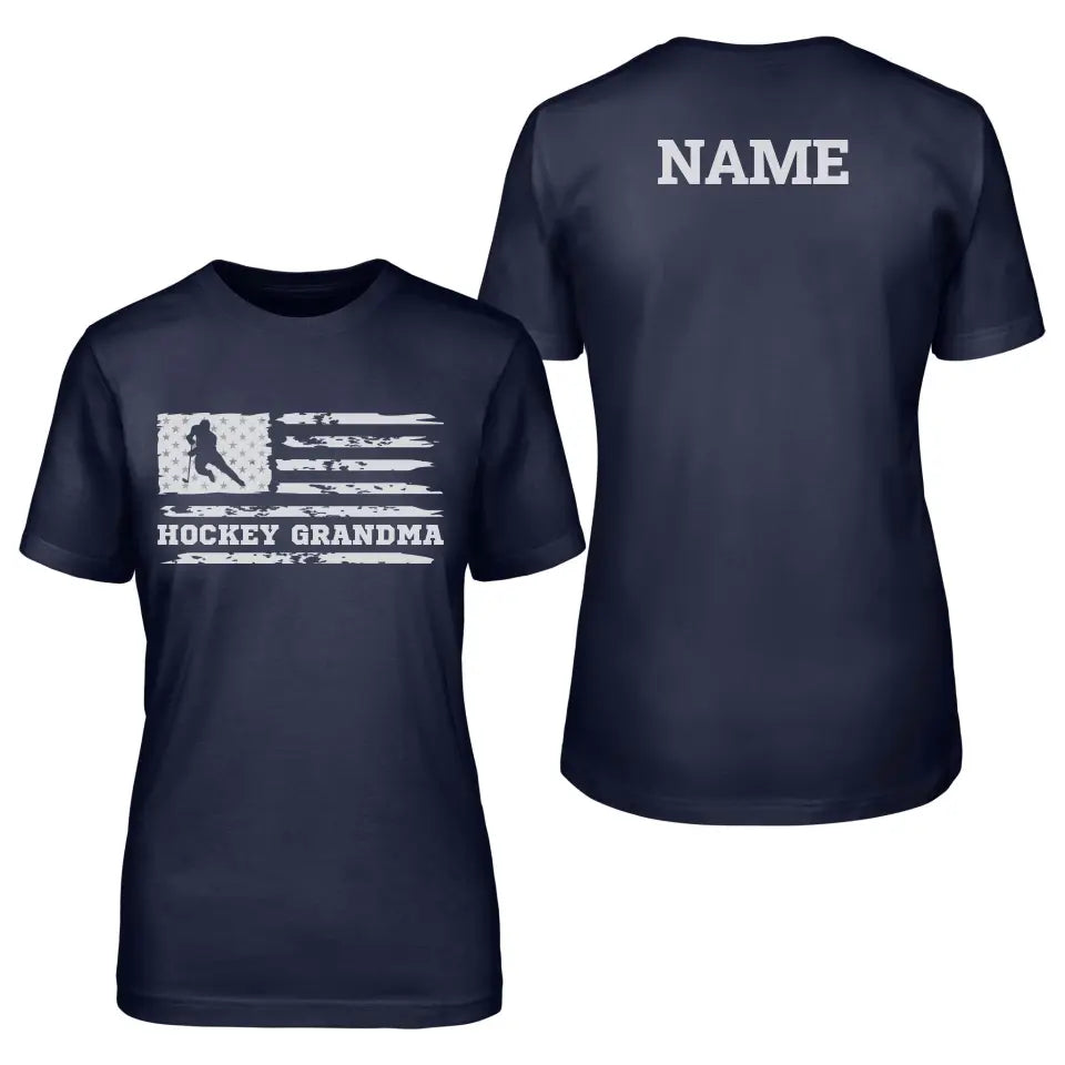 hockey grandma horizontal flag with hockey player name on a unisex t-shirt with a white graphic
