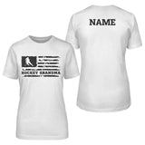 hockey grandma horizontal flag with hockey player name on a unisex t-shirt with a black graphic