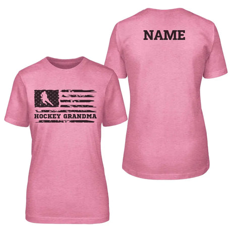 hockey grandma horizontal flag with hockey player name on a unisex t-shirt with a black graphic