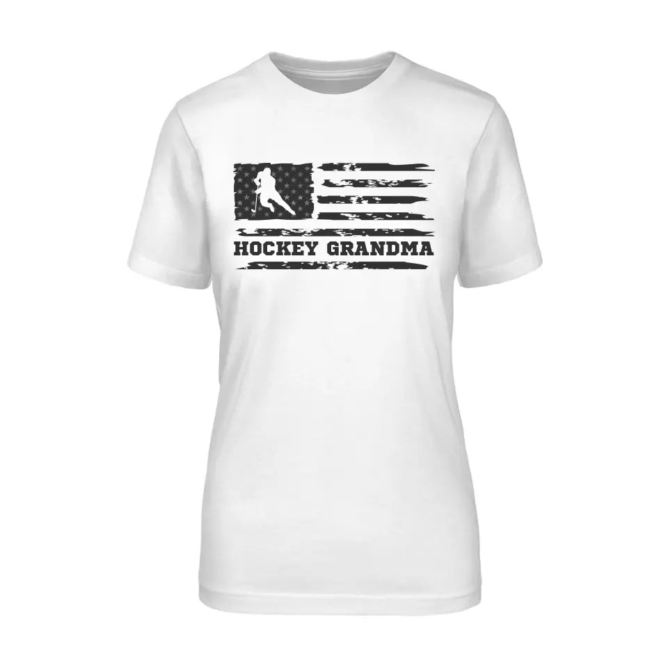 hockey grandma horizontal flag on a unisex t-shirt with a black graphic