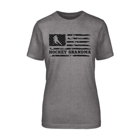hockey grandma horizontal flag on a unisex t-shirt with a black graphic