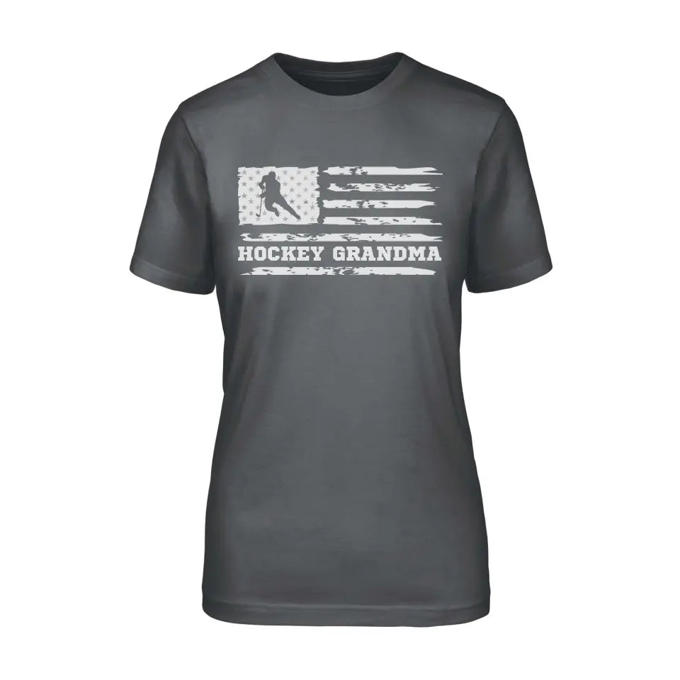 hockey grandma horizontal flag on a unisex t-shirt with a white graphic