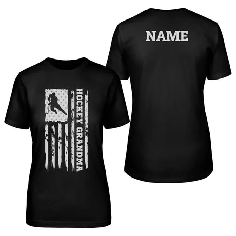 hockey grandma vertical flag with hockey player name on a unisex t-shirt with a white graphic