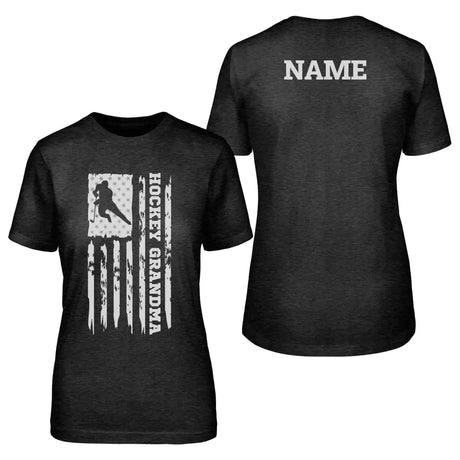 hockey grandma vertical flag with hockey player name on a unisex t-shirt with a white graphic