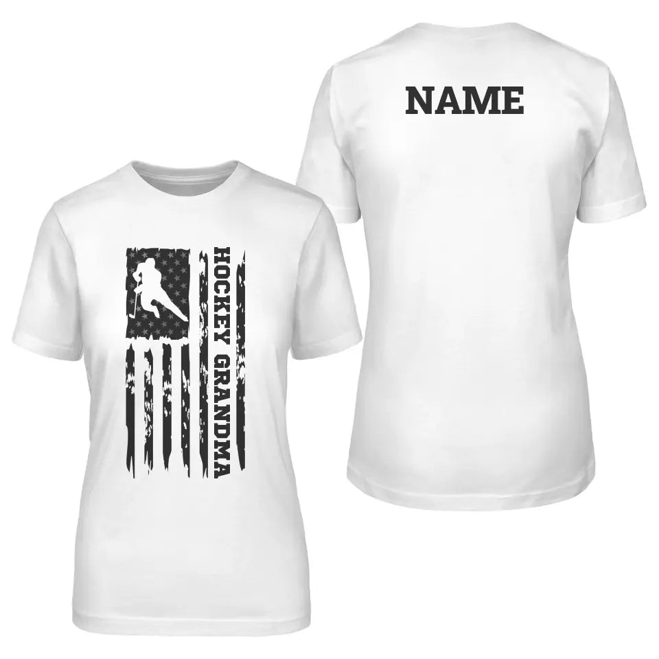 hockey grandma vertical flag with hockey player name on a unisex t-shirt with a black graphic