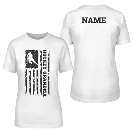 hockey grandma vertical flag with hockey player name on a unisex t-shirt with a black graphic