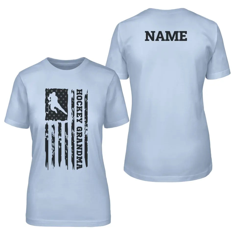 hockey grandma vertical flag with hockey player name on a unisex t-shirt with a black graphic