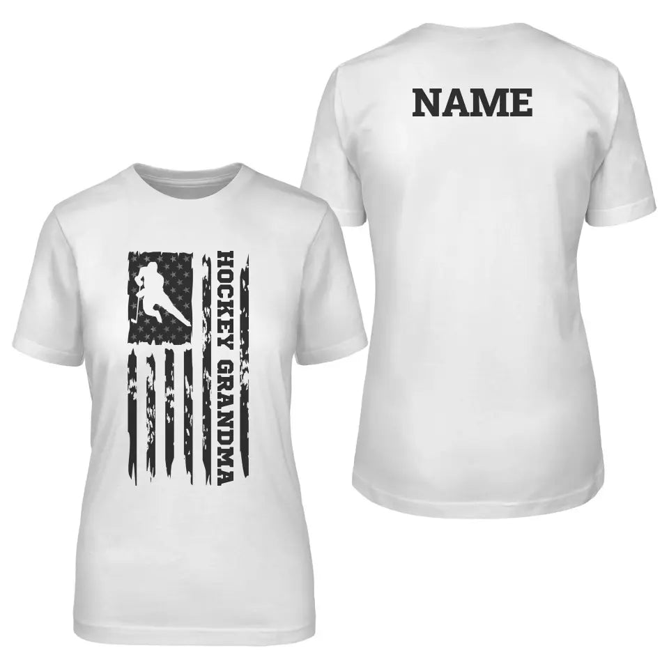 hockey grandma vertical flag with hockey player name on a unisex t-shirt with a black graphic