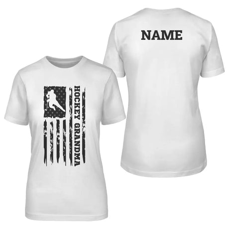 hockey grandma vertical flag with hockey player name on a unisex t-shirt with a black graphic