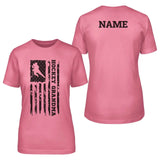 hockey grandma vertical flag with hockey player name on a unisex t-shirt with a black graphic