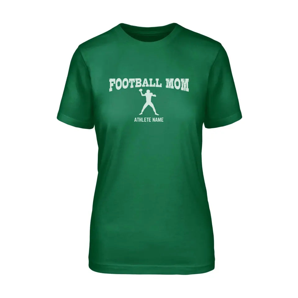 football mom with football player icon and football player name on a unisex t-shirt with a white graphic