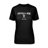 football mom with football player icon and football player name on a unisex t-shirt with a white graphic