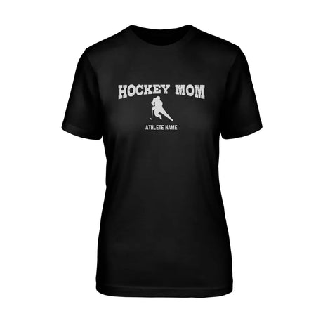 hockey mom with hockey player icon and hockey player name on a unisex t-shirt with a white graphic