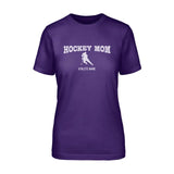 hockey mom with hockey player icon and hockey player name on a unisex t-shirt with a white graphic