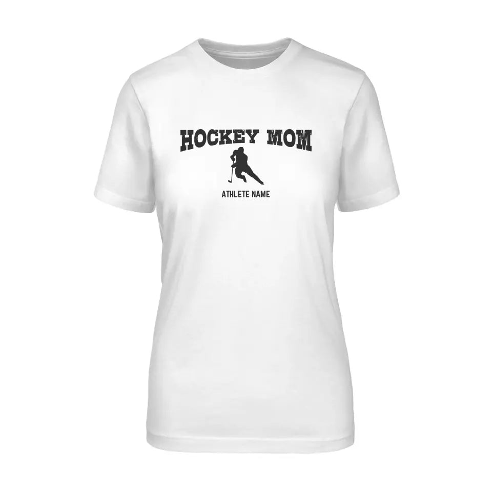 hockey mom with hockey player icon and hockey player name on a unisex t-shirt with a black graphic