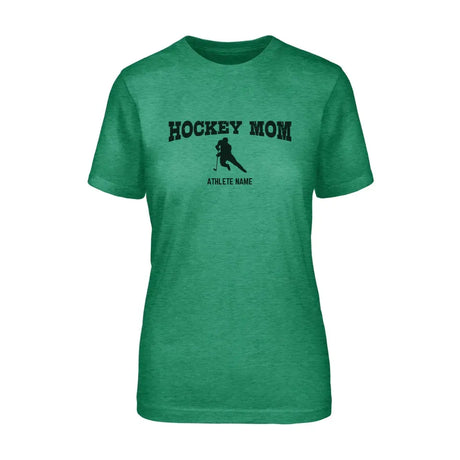 hockey mom with hockey player icon and hockey player name on a unisex t-shirt with a black graphic