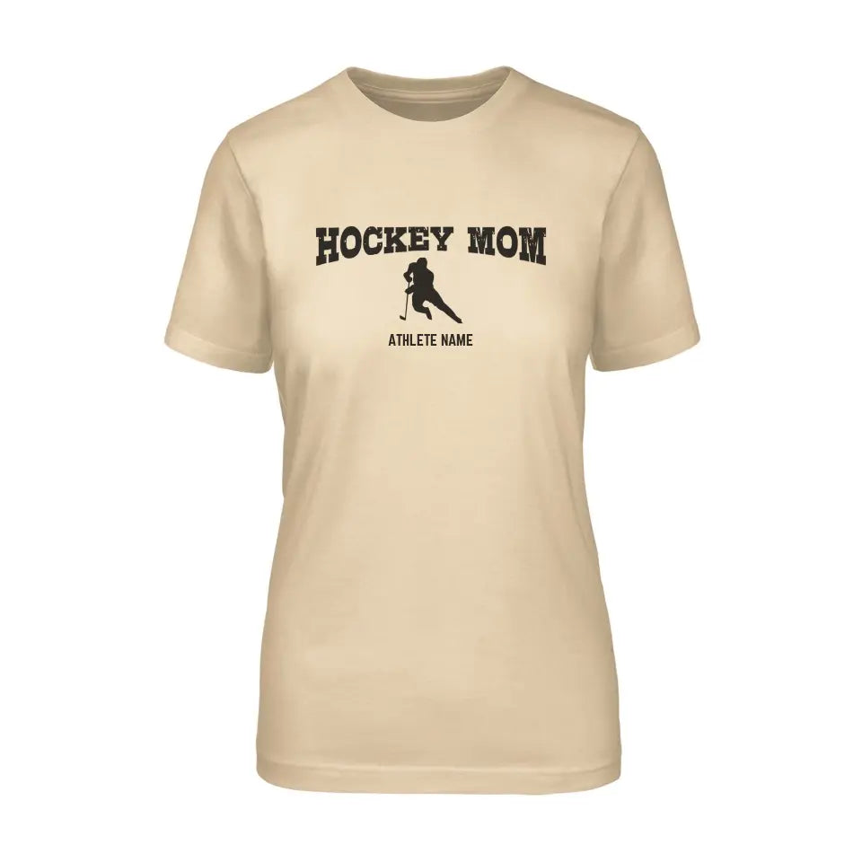 hockey mom with hockey player icon and hockey player name on a unisex t-shirt with a black graphic