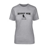 hockey mom with hockey player icon and hockey player name on a unisex t-shirt with a black graphic