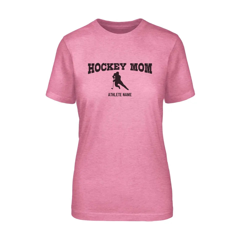 hockey mom with hockey player icon and hockey player name on a unisex t-shirt with a black graphic