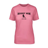 hockey mom with hockey player icon and hockey player name on a unisex t-shirt with a black graphic