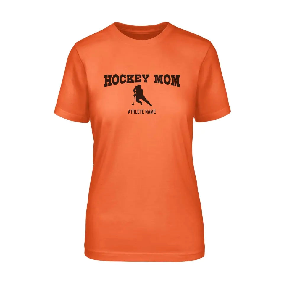 hockey mom with hockey player icon and hockey player name on a unisex t-shirt with a black graphic