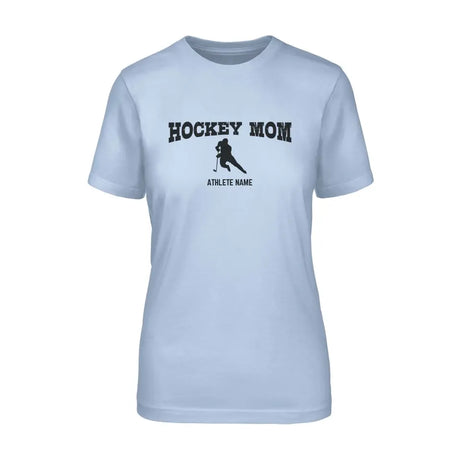 hockey mom with hockey player icon and hockey player name on a unisex t-shirt with a black graphic