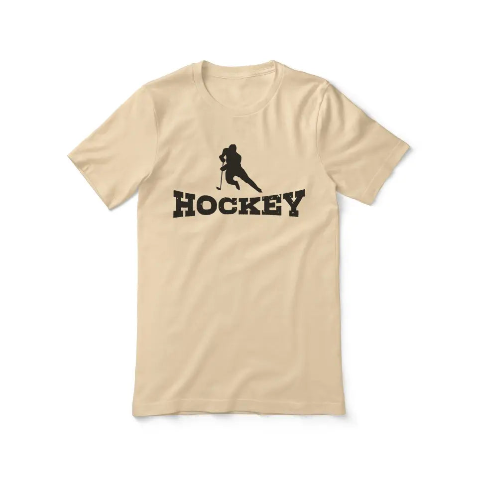 basic hockey with hockey player icon on a unisex t-shirt with a black graphic