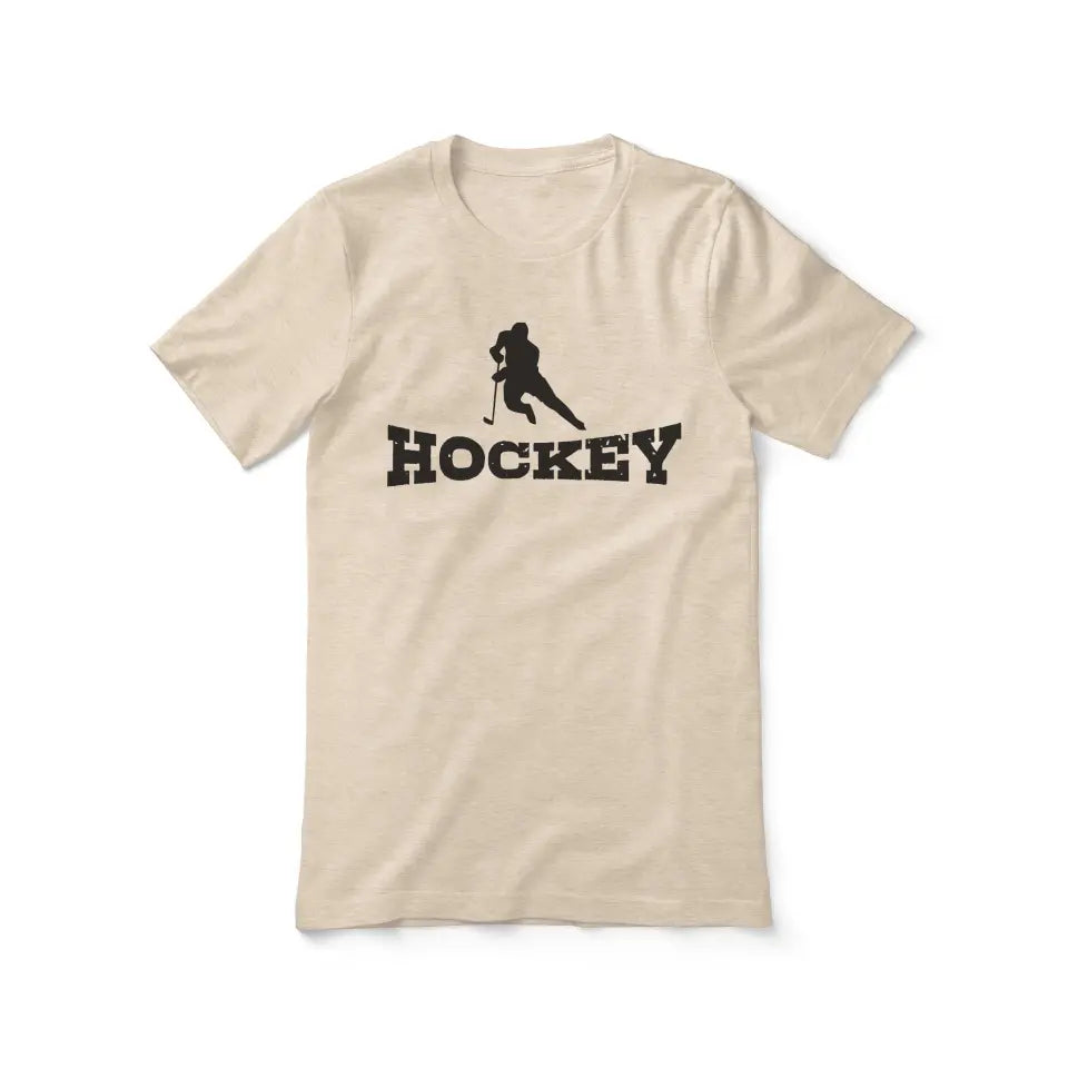 basic hockey with hockey player icon on a unisex t-shirt with a black graphic