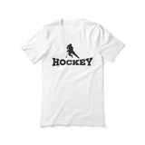 basic hockey with hockey player icon on a unisex t-shirt with a black graphic